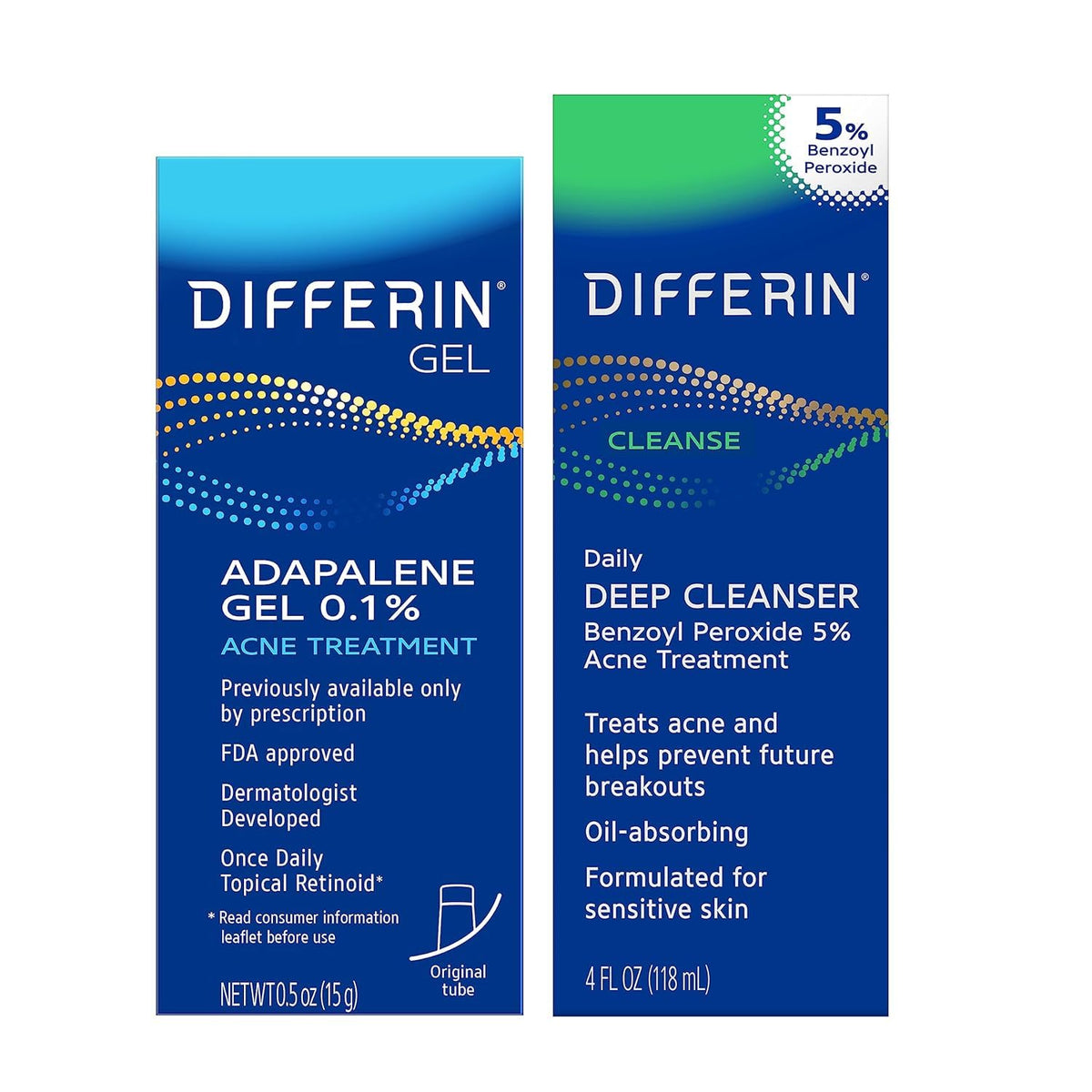 Differin kit front packaging showing both gel and cleanser benefits