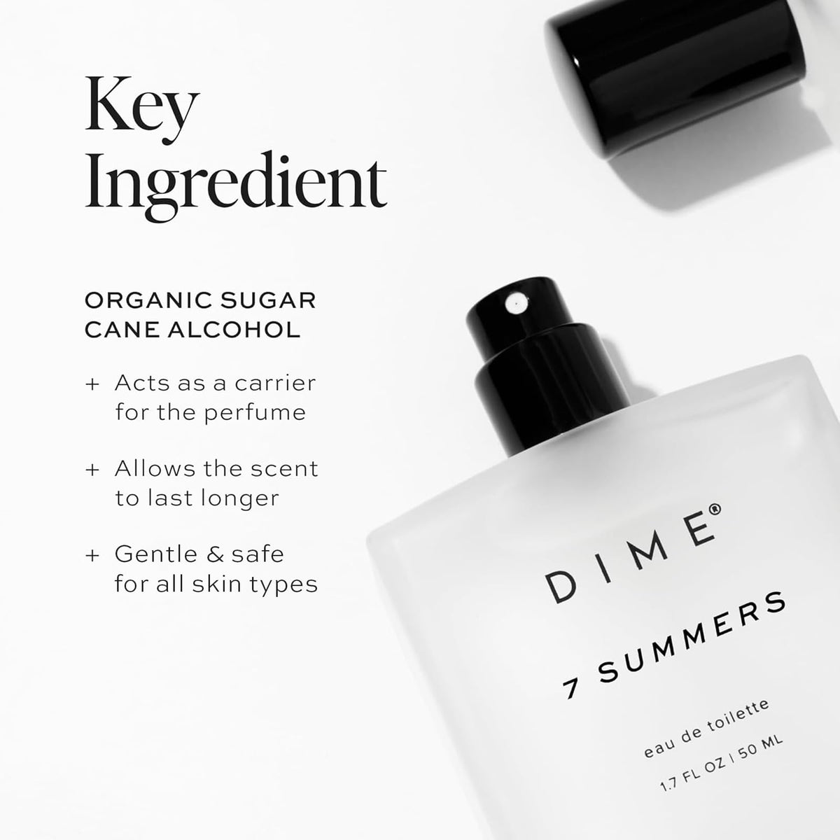 DIME ingredient display showing bergamot, vanilla orchid and coconut benefits