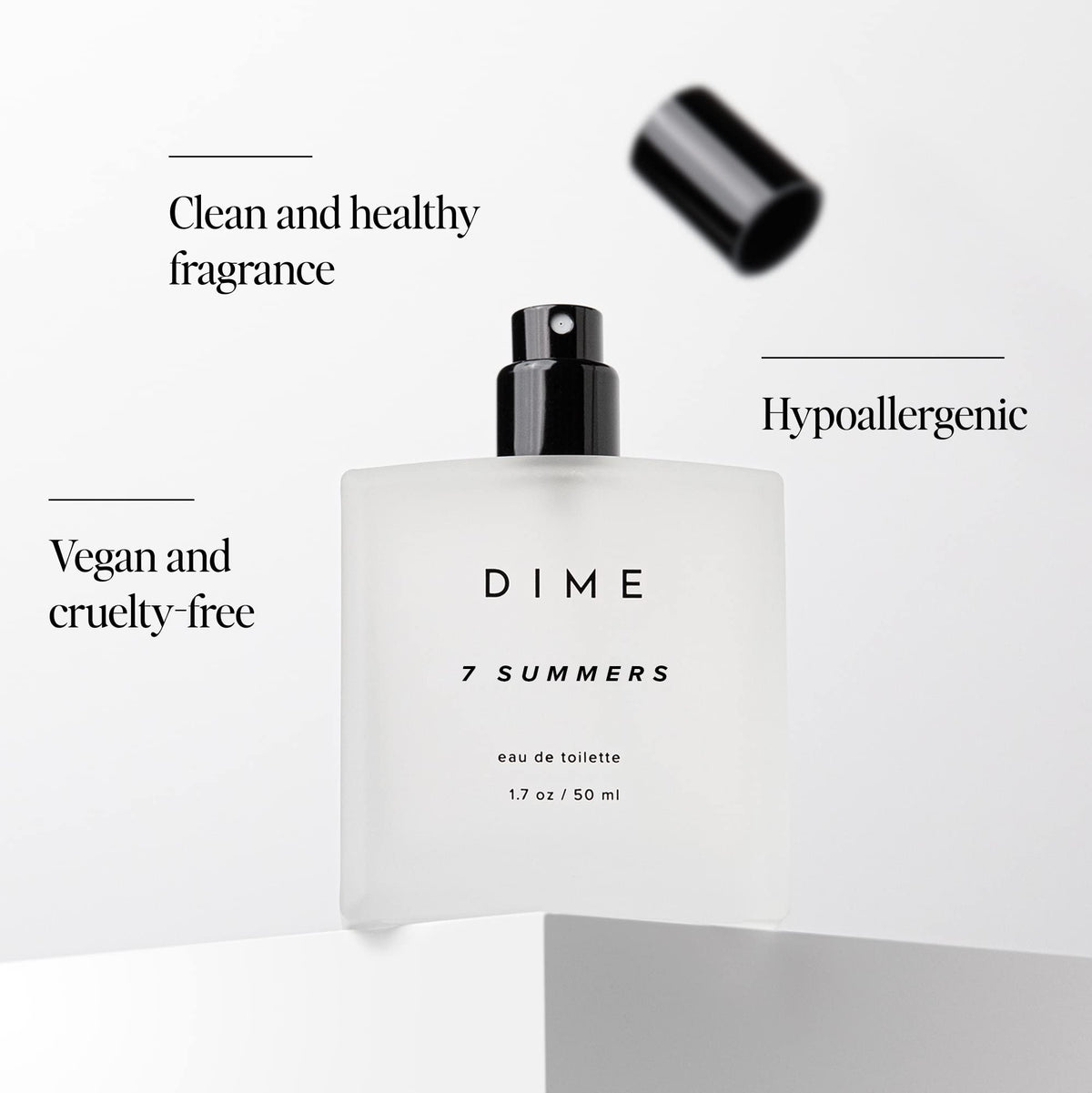 DIME bottle next to a common object to show the 50 ml size and travel-friendly benefit