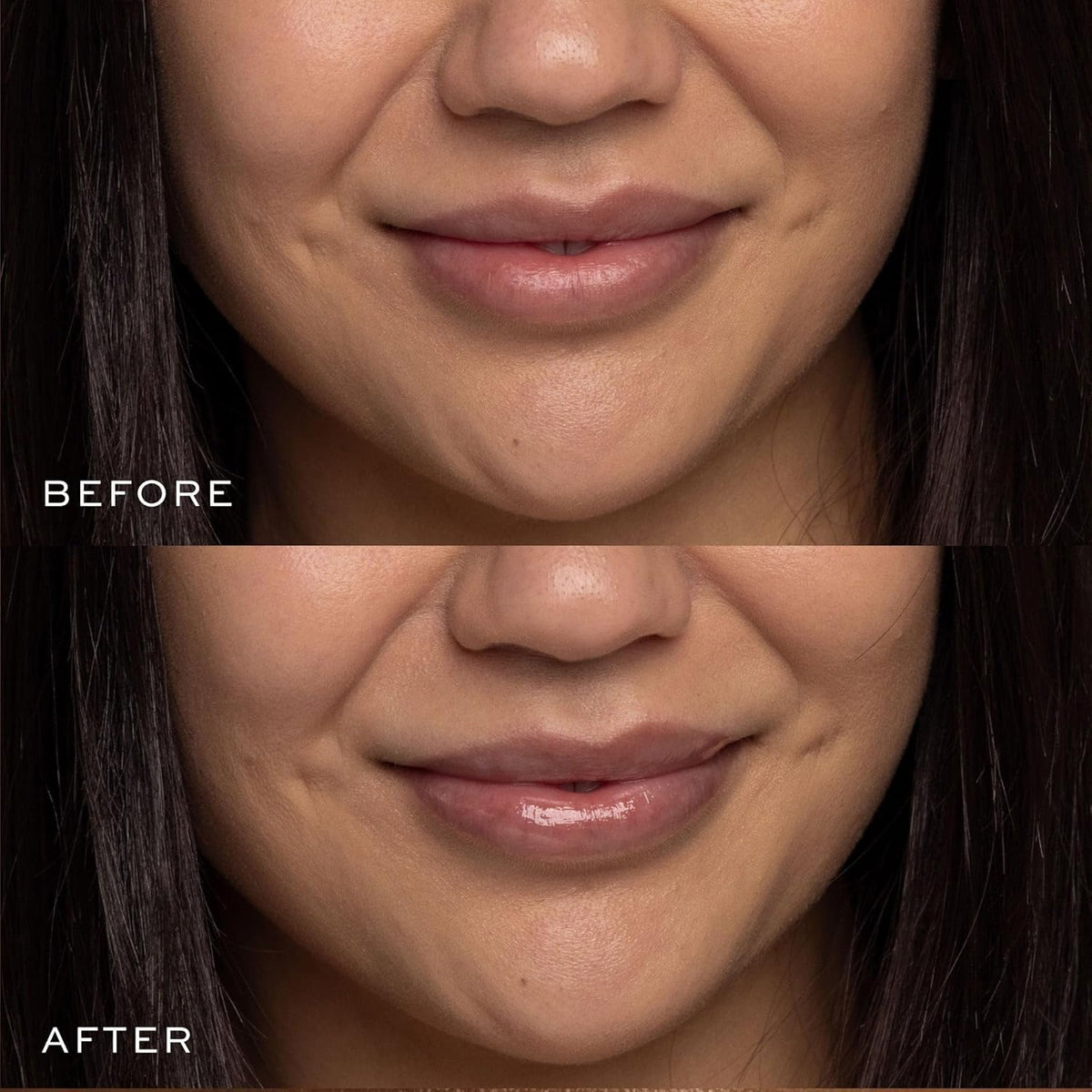 DIME before and after lip comparison showing smoother, fuller-looking lips