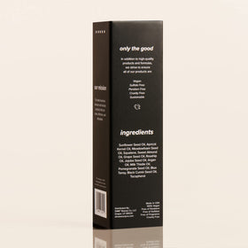 DIME blue facial oil recyclable box detail emphasizing sustainable packaging
