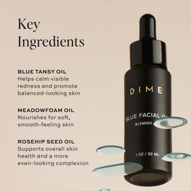 DIME blue facial oil smooth texture on glass highlighting fast absorption