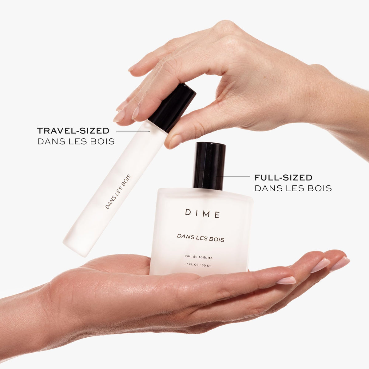 DIME bottle texture detail highlighting glass finish and easy-grip travel size benefit