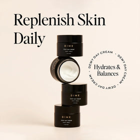 DIME cream on vanity with serums illustrating layering routine and makeup-ready benefit