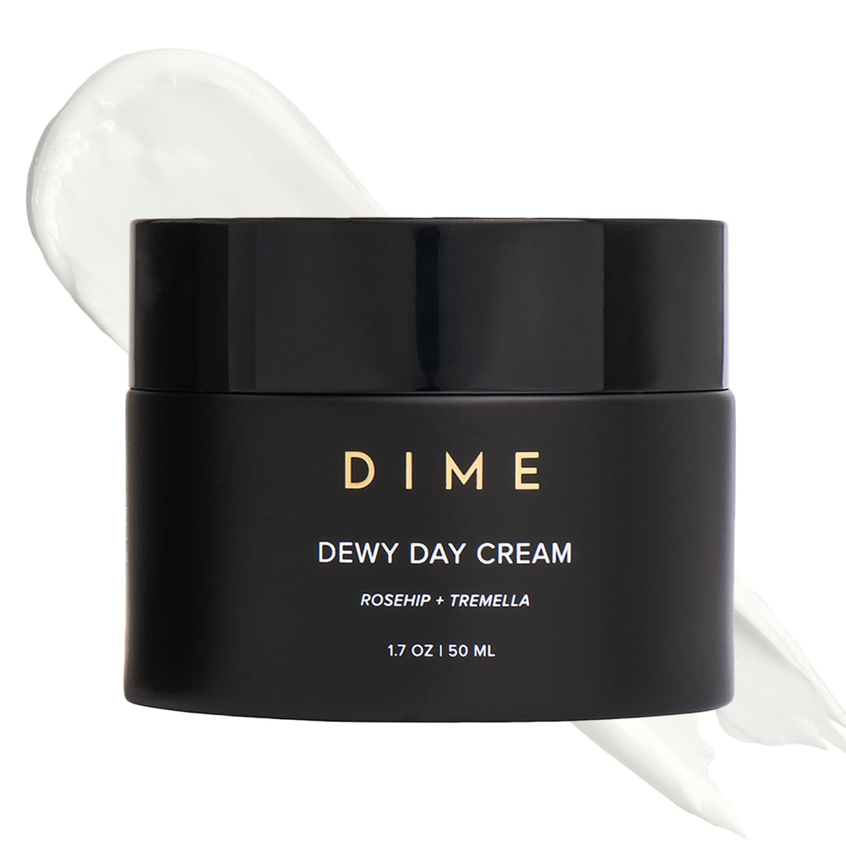 DIME front jar shot showing dewy day cream and branding benefit hydration
