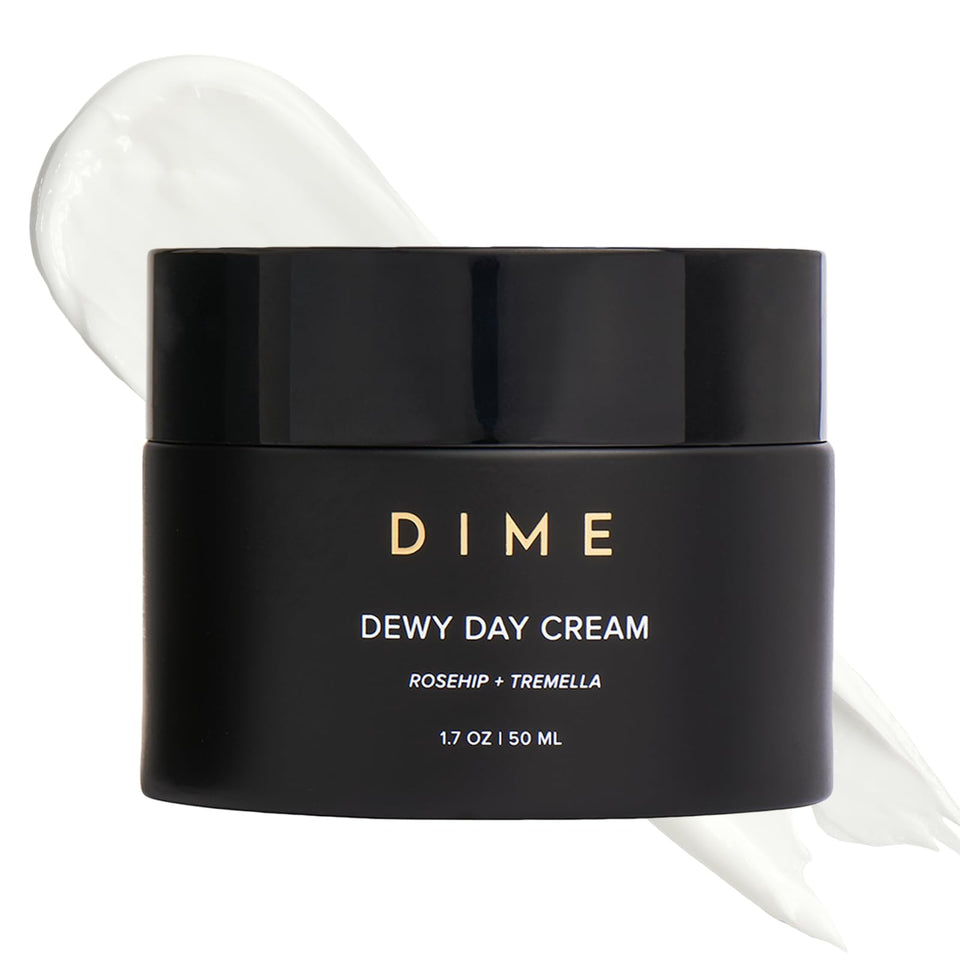 DIME front jar shot showing dewy day cream and branding benefit hydration