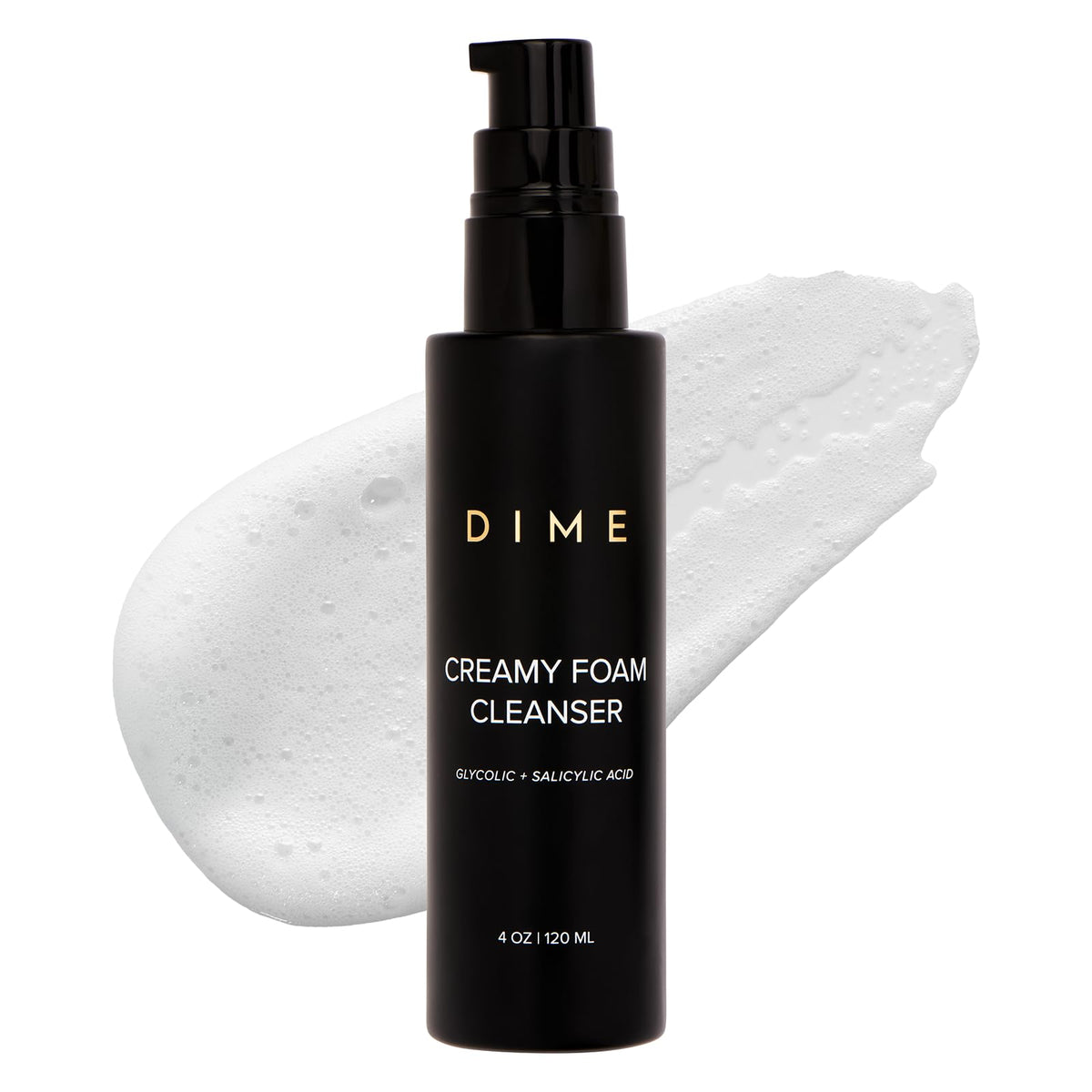 DIME front bottle of creamy foam cleanser showing packaging and easy pump dispense benefit