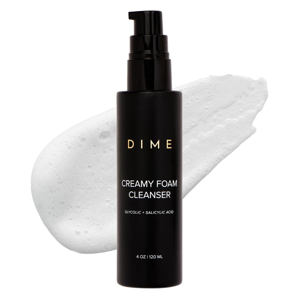 DIME front bottle of creamy foam cleanser showing packaging and easy pump dispense benefit