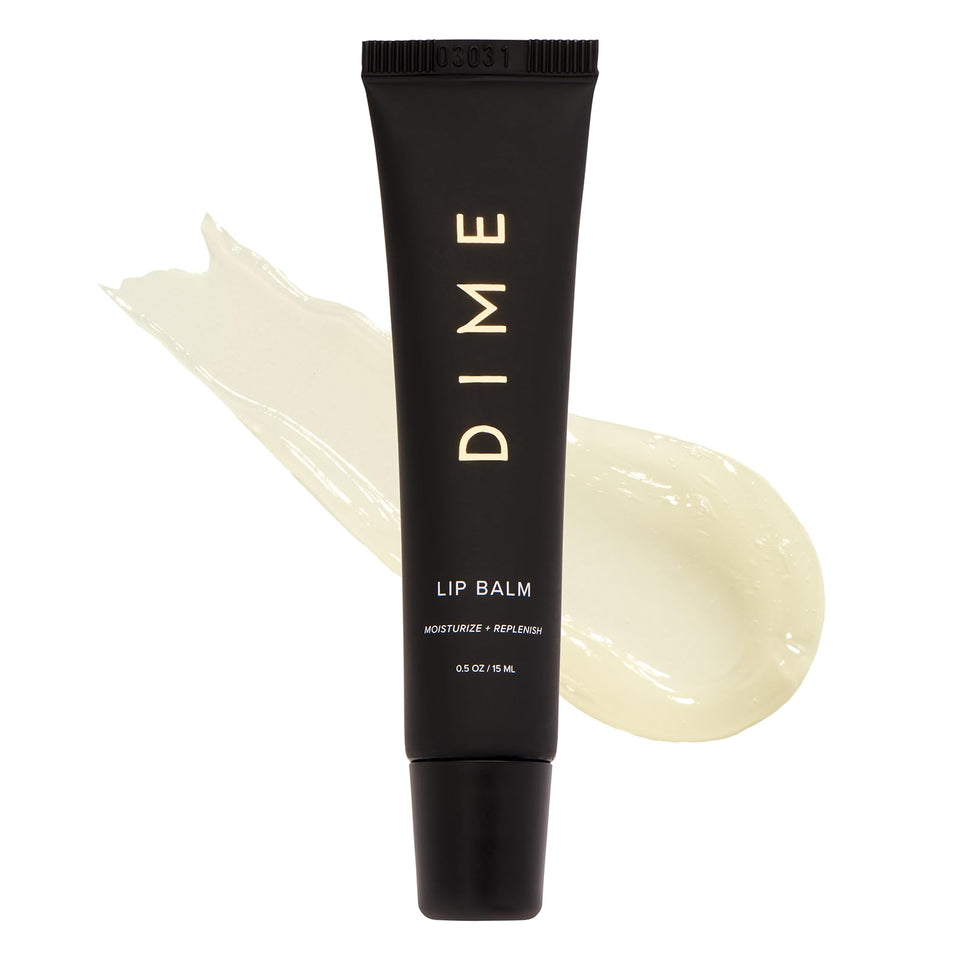 DIME front packaging of clear lip balm showing tube and label benefits