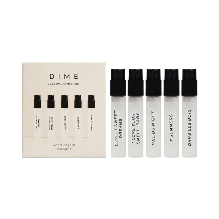 DIME sampler kit front packaging shows five travel sprays, easy gifting