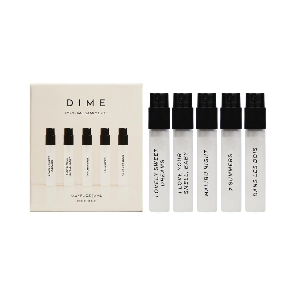 DIME sampler kit front packaging shows five travel sprays, easy gifting