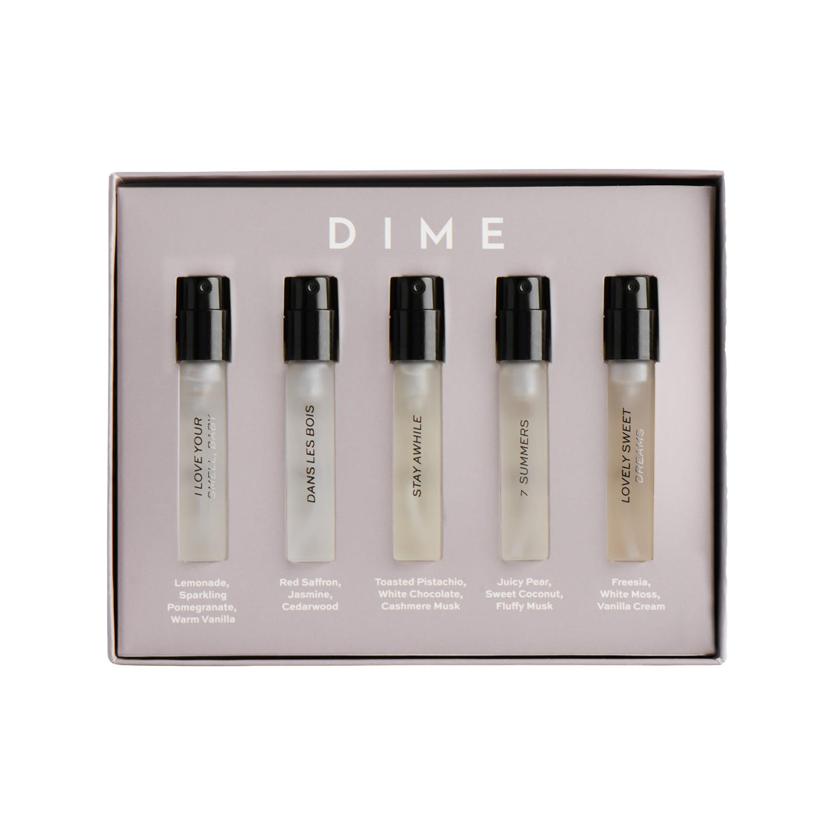 DIME front packaging showcasing the five-sample set and travel convenience