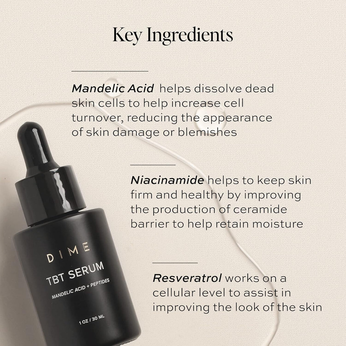 DIME ingredients bakuchiol and mandelic acid showing gentle renewal