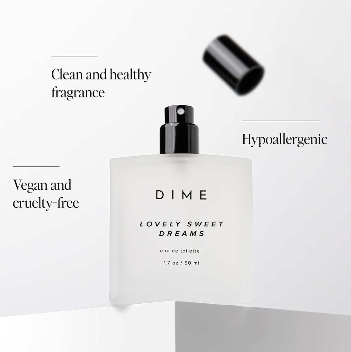 DIME fragrance notes collage with freesia, vanilla and amber for scent clarity