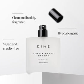 DIME fragrance notes collage with freesia, vanilla and amber for scent clarity