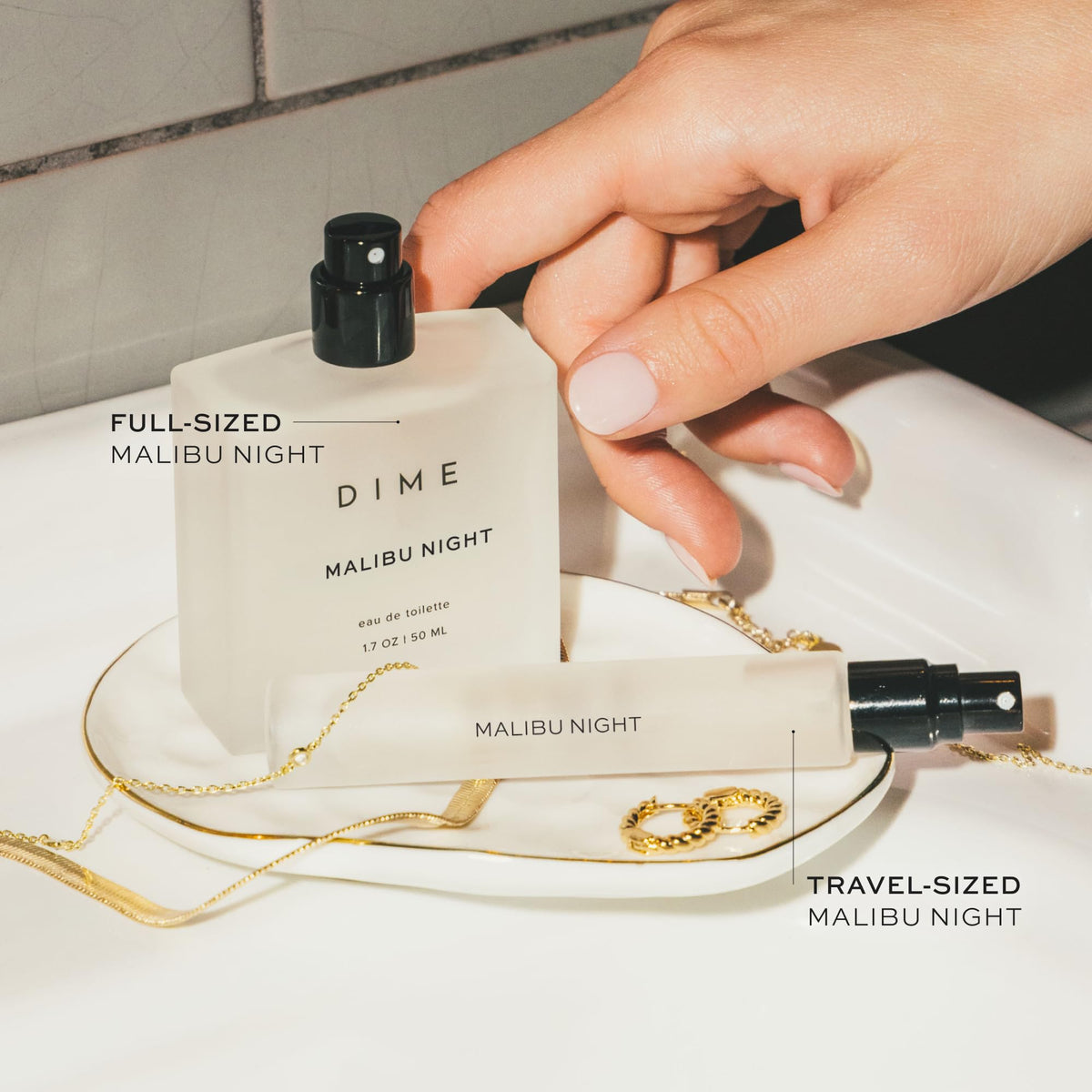 DIME label close-up highlighting fragrance name and clean-beauty promise