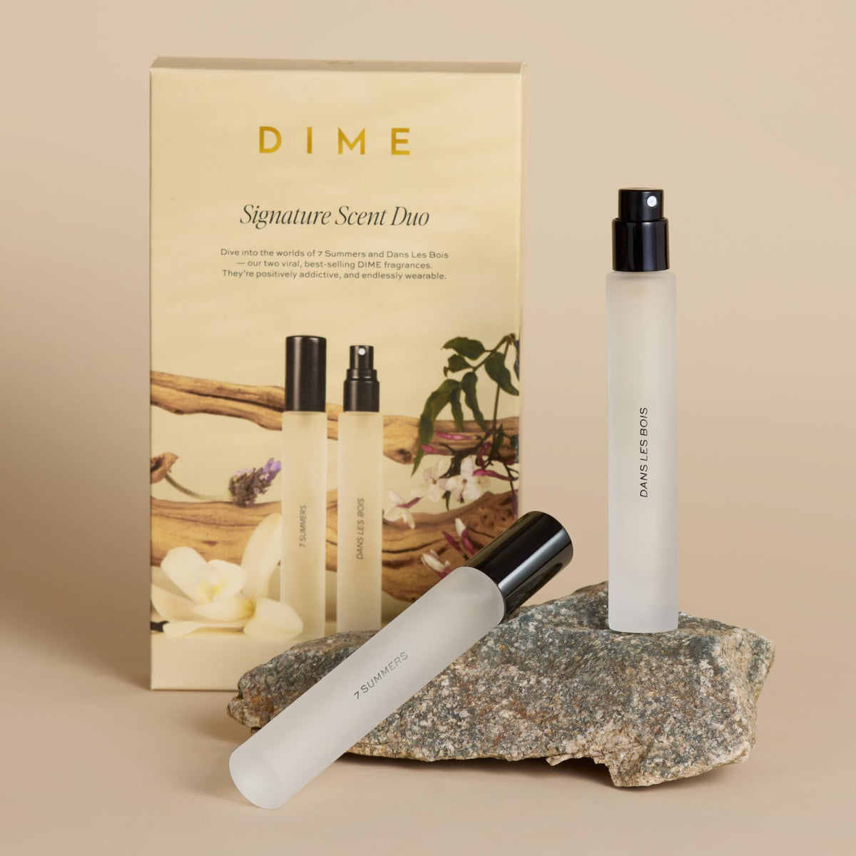 DIME scent notes card beside box explaining fragrance profiles benefit