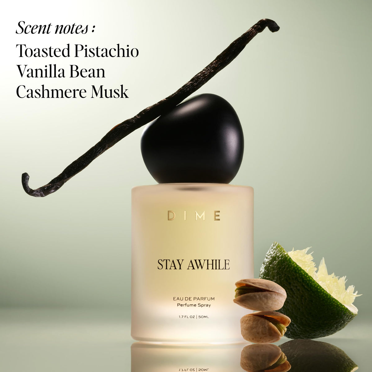 DIME Stay Awhile angled bottle highlighting label and clean-packaging benefit