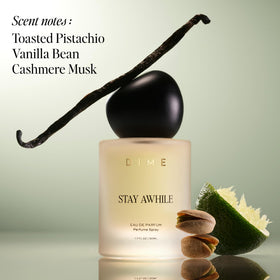 DIME Stay Awhile angled bottle highlighting label and clean-packaging benefit