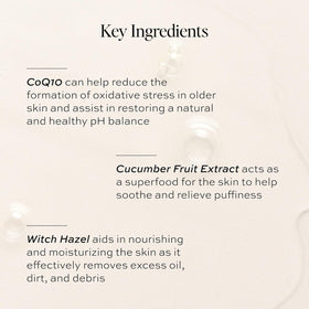 DIME bottle with cucumber slices highlighting soothing, brightening benefits