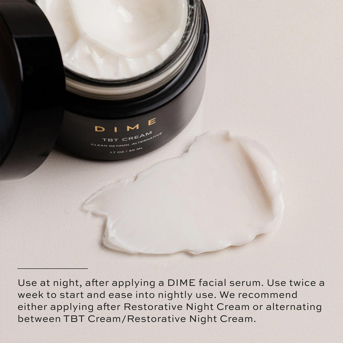 DIME TBT Cream with bakuchiol ingredient bottle showing plant-derived benefit