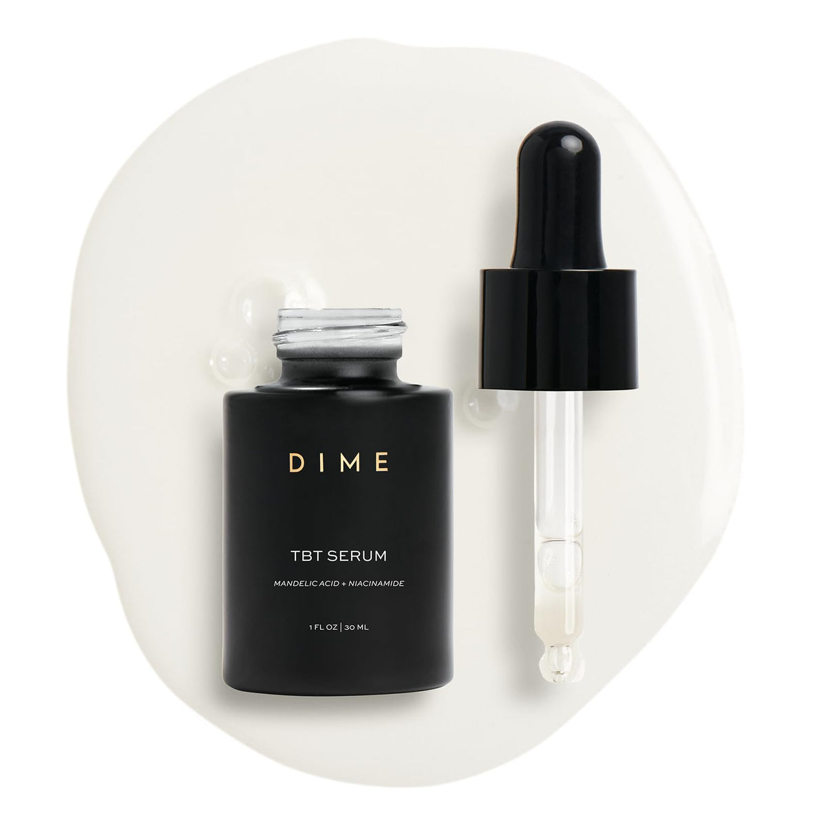 DIME TBT Serum front bottle shows clean packaging and benefits