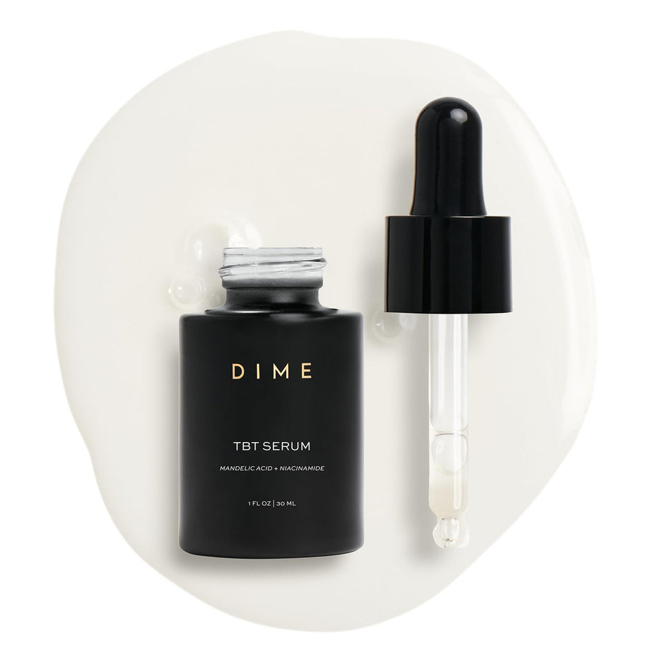 DIME TBT Serum front bottle shows clean packaging and benefits