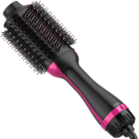Dimecano front view of black pink brush showing compact design and benefit of all-in-one styling
