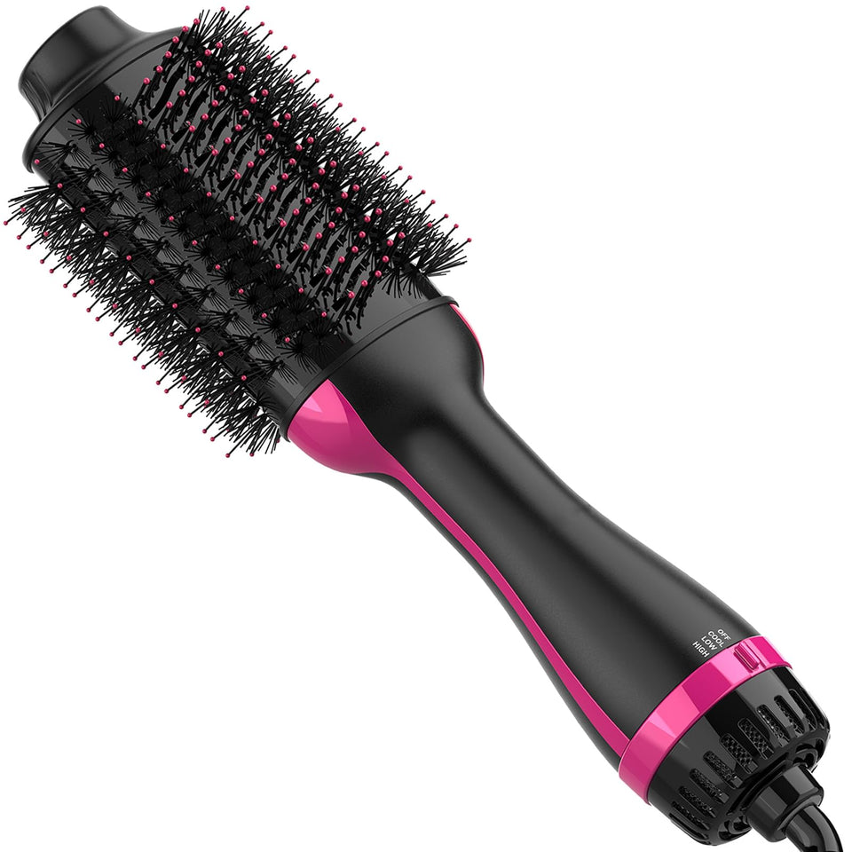 Dimecano front view of black pink brush showing compact design and benefit of all-in-one styling