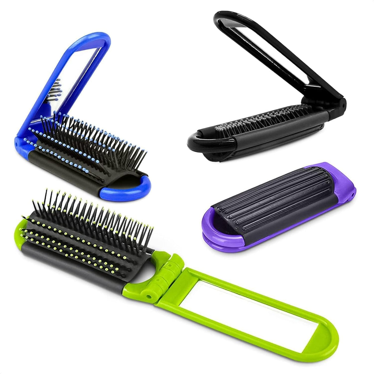 DIMROM front view of four folding brushes showing color variety and portability benefit