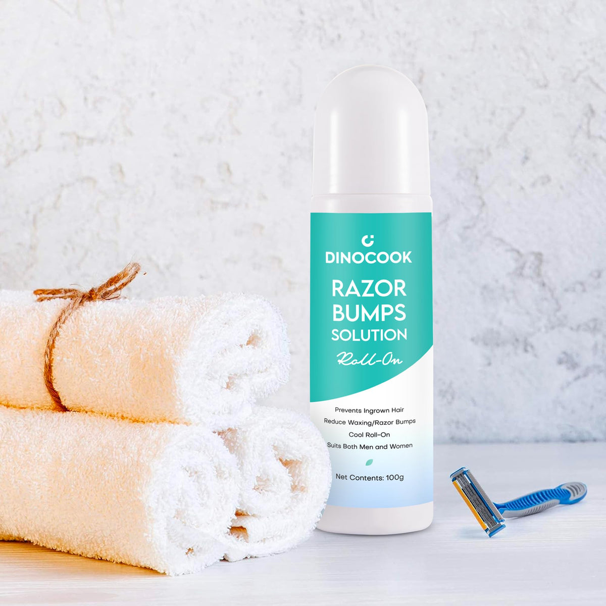 Dinocook on bathroom shelf for daily after-shave and skincare routine