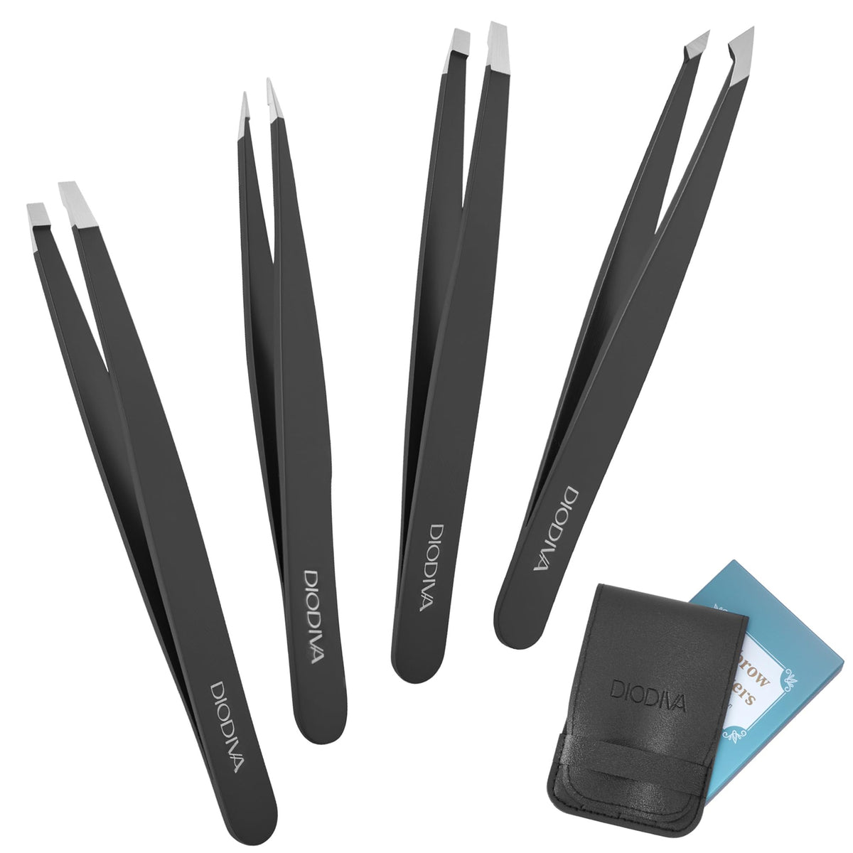 Diodiva front pack showing four tweezers and case for versatile grooming
