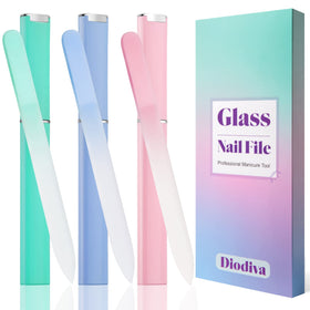 Diodiva front packaging showing three colored glass nail files and cases for gift ready presentation