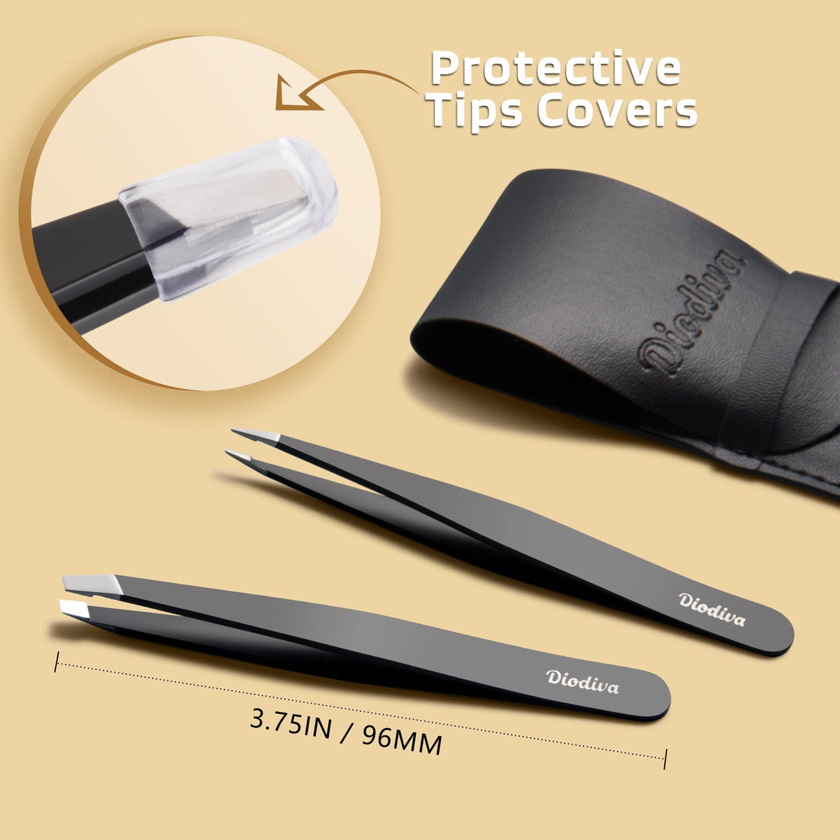 Diodiva tweezers on bathroom counter in use emphasizing travel-friendly everyday grooming