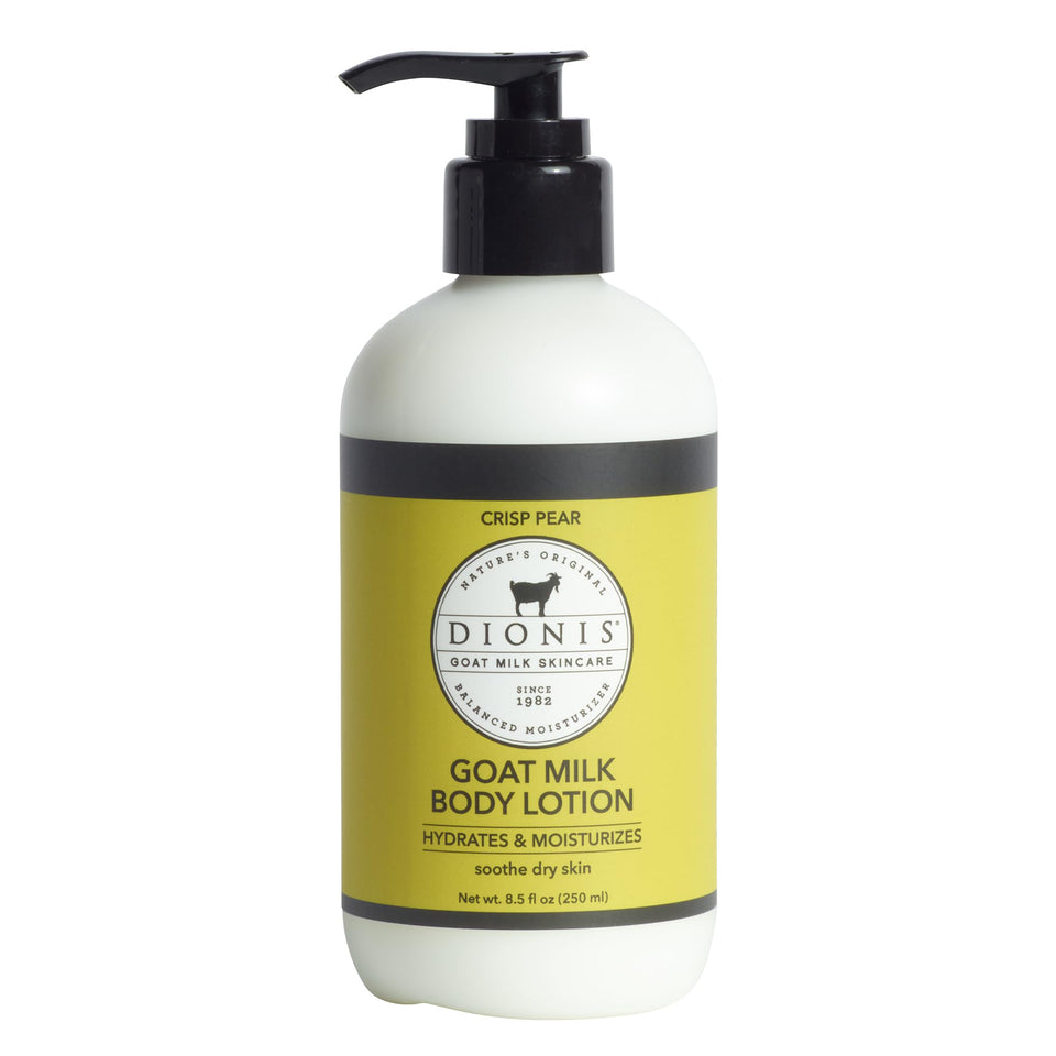 Dionis front pump bottle showing crisp pear lotion and easy dispensing benefit