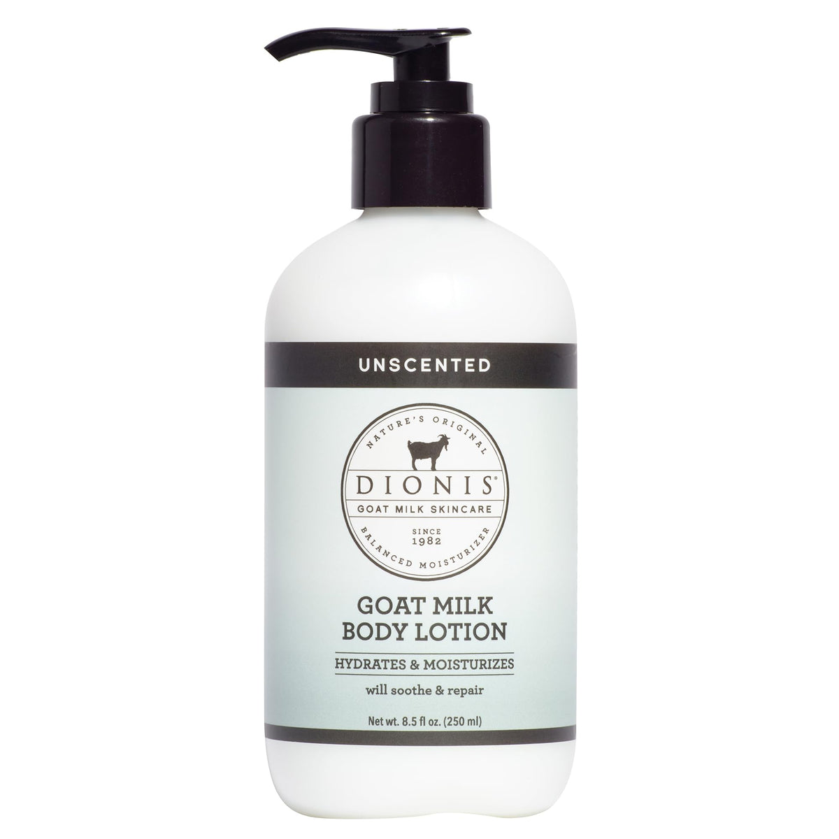 Dionis front packaging shows unscented lotion and pump for easy use