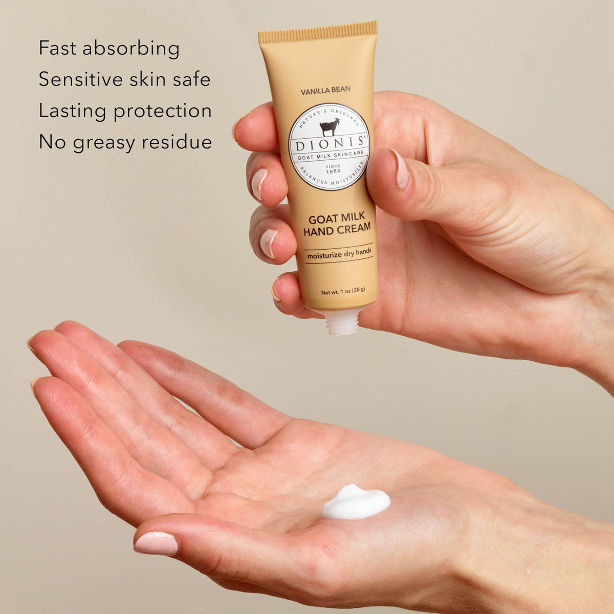 Dionis cream texture swatch showing smooth, fast-absorbing formula
