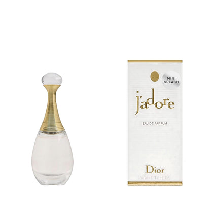 Dior J'adore mini front bottle showing elegant packaging and travel convenience