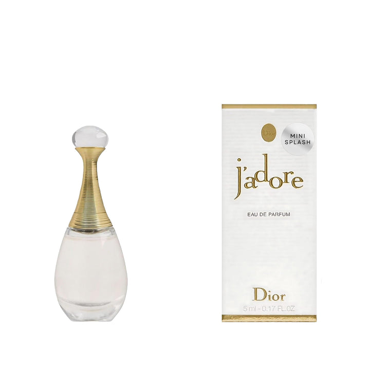 Dior J'adore mini front bottle showing elegant packaging and travel convenience