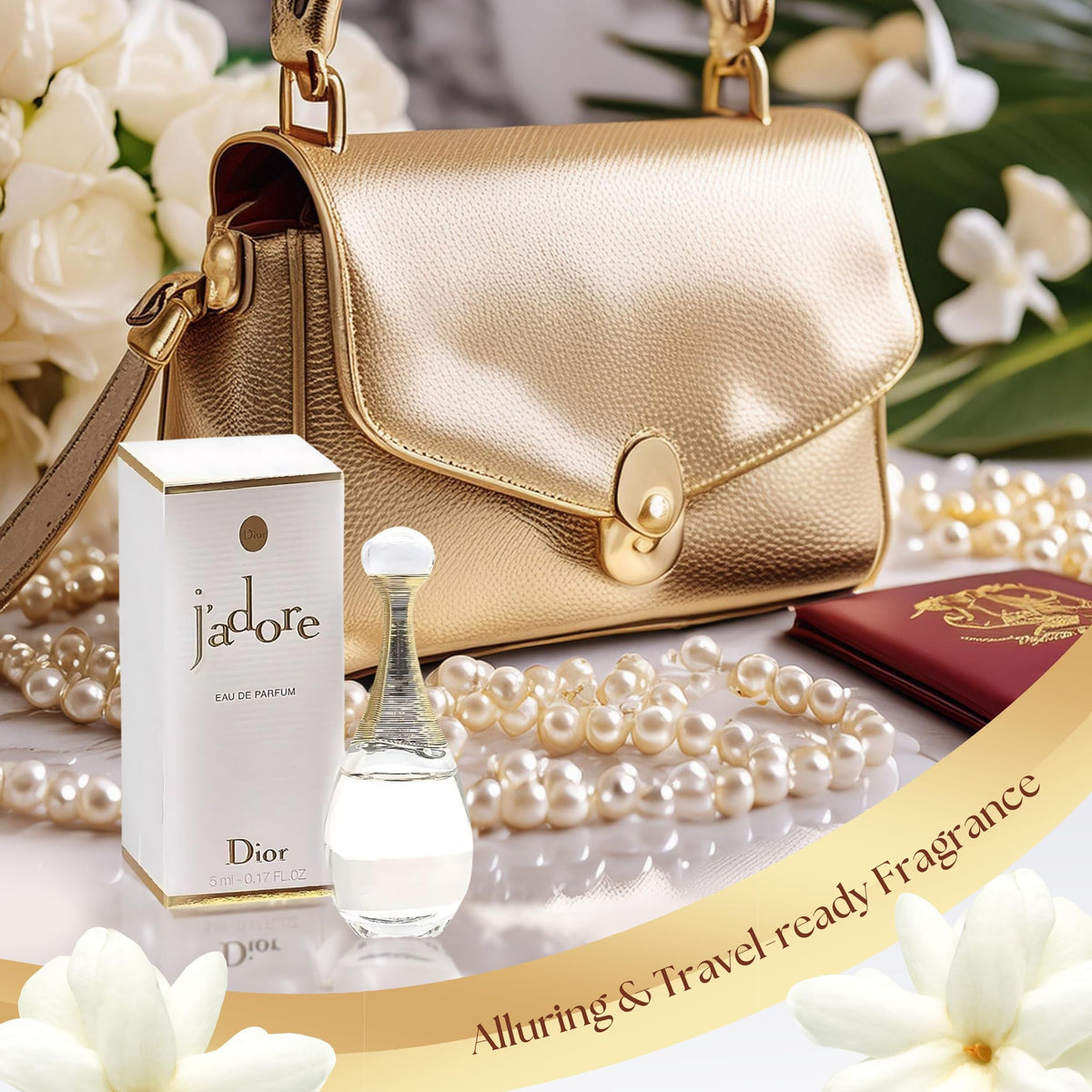 Dior J'adore mini beside a coin to show compact size and portability benefit