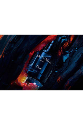 Dior Sauvage Elixir cap and bottle detail highlighting branding, shows quality finish