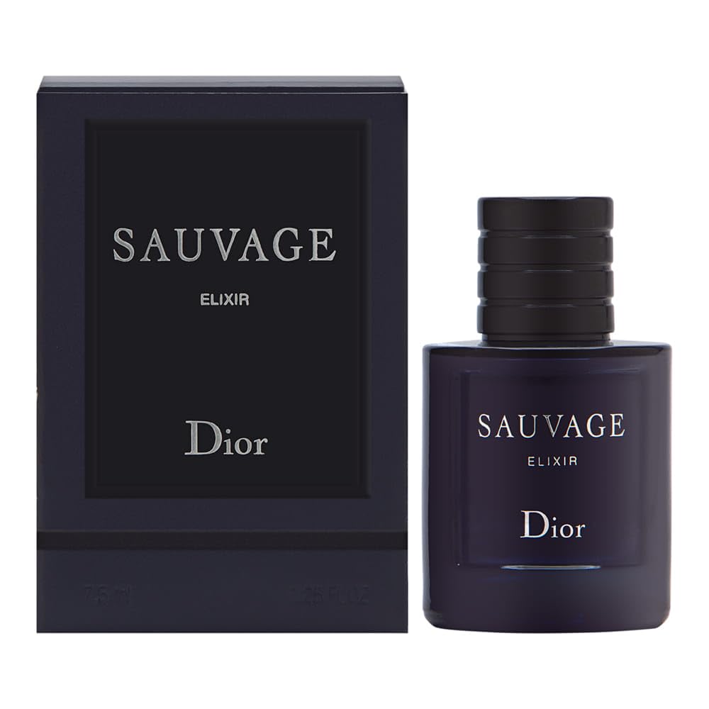 Dior Sauvage Elixir mini front view showing compact travel bottle and luxury finish