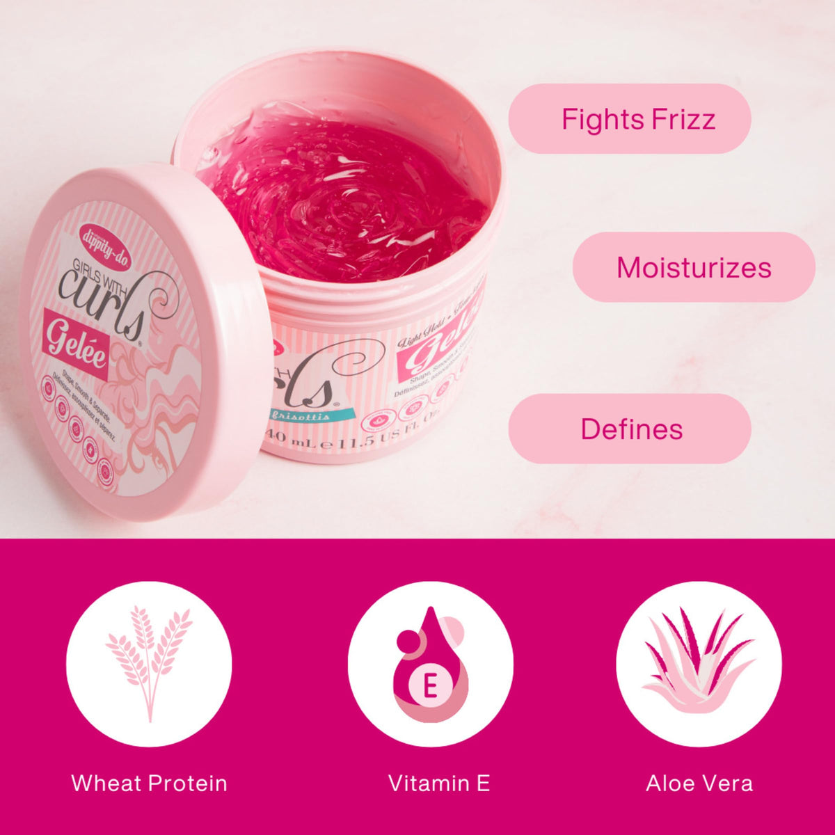 Dippity Do open jar showing gel texture and easy-to-dispense benefit