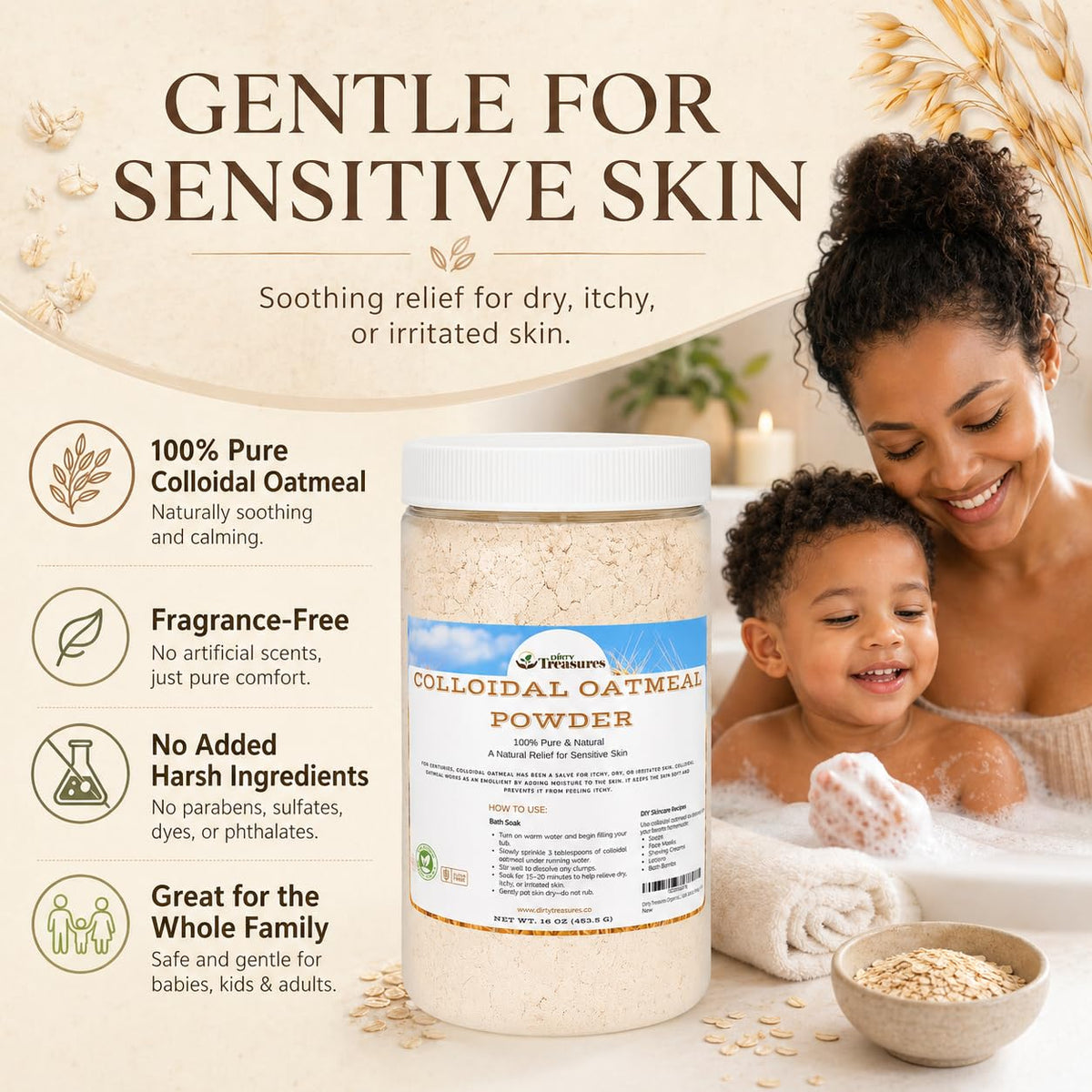 Dirty Treasures being poured into bath demonstrating soothing soak benefit