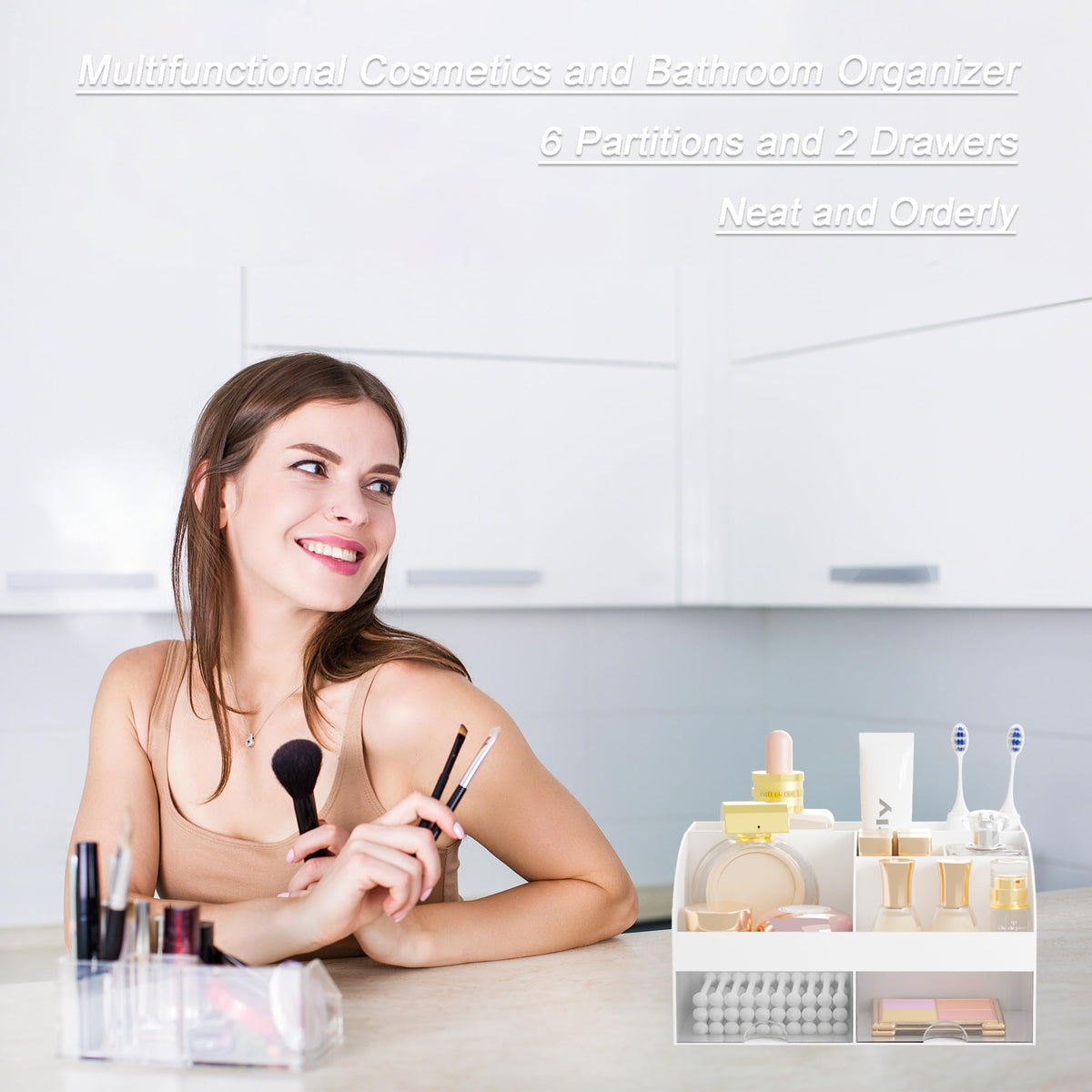 DIRZHX on bathroom countertop styled to show tidy cosmetics and elegant look