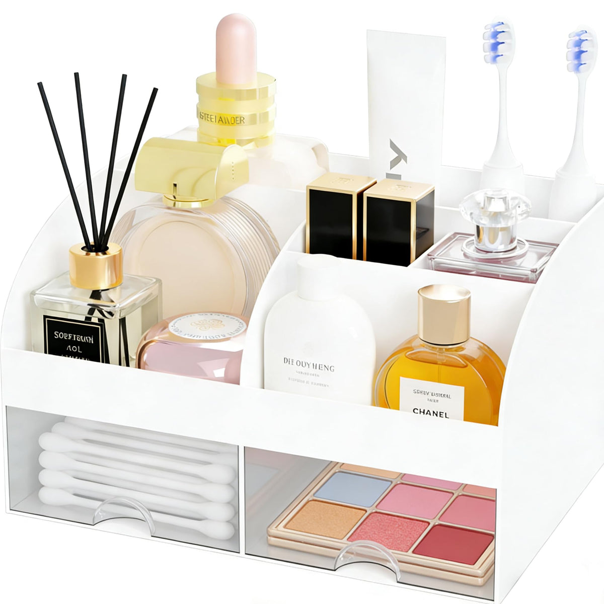 DIRZHX front view of white organizer showing clear compartments and neat display
