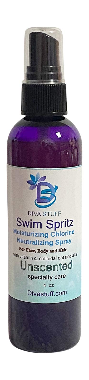 Diva Stuff front packaging showing 4oz unscented Swim Spritz bottle, chlorine-neutralizing benefit