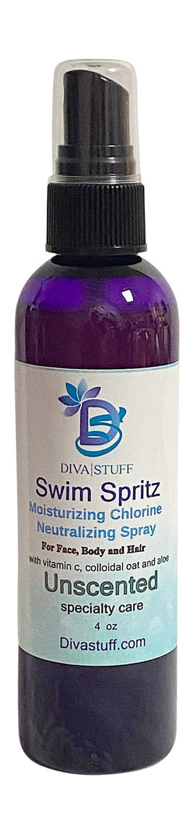 Diva Stuff front packaging showing 4oz unscented Swim Spritz bottle, chlorine-neutralizing benefit