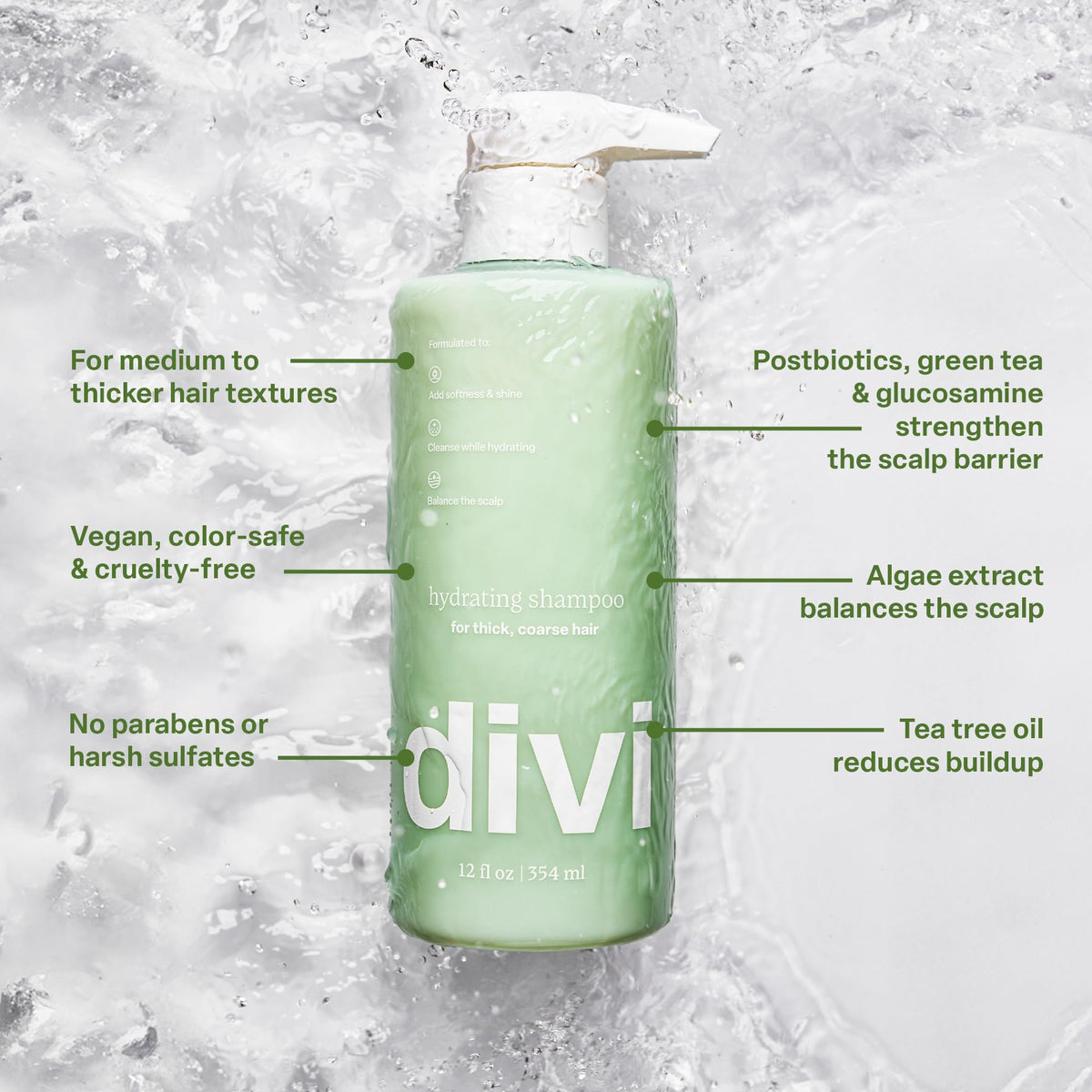 Divi in-shower use with lather demonstrating clarifying action on scalp