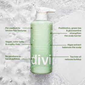 Divi in-shower use with lather demonstrating clarifying action on scalp